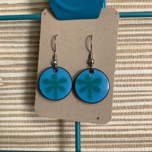 Green Dragonfly on Turquoise Background, Enamel Earrings